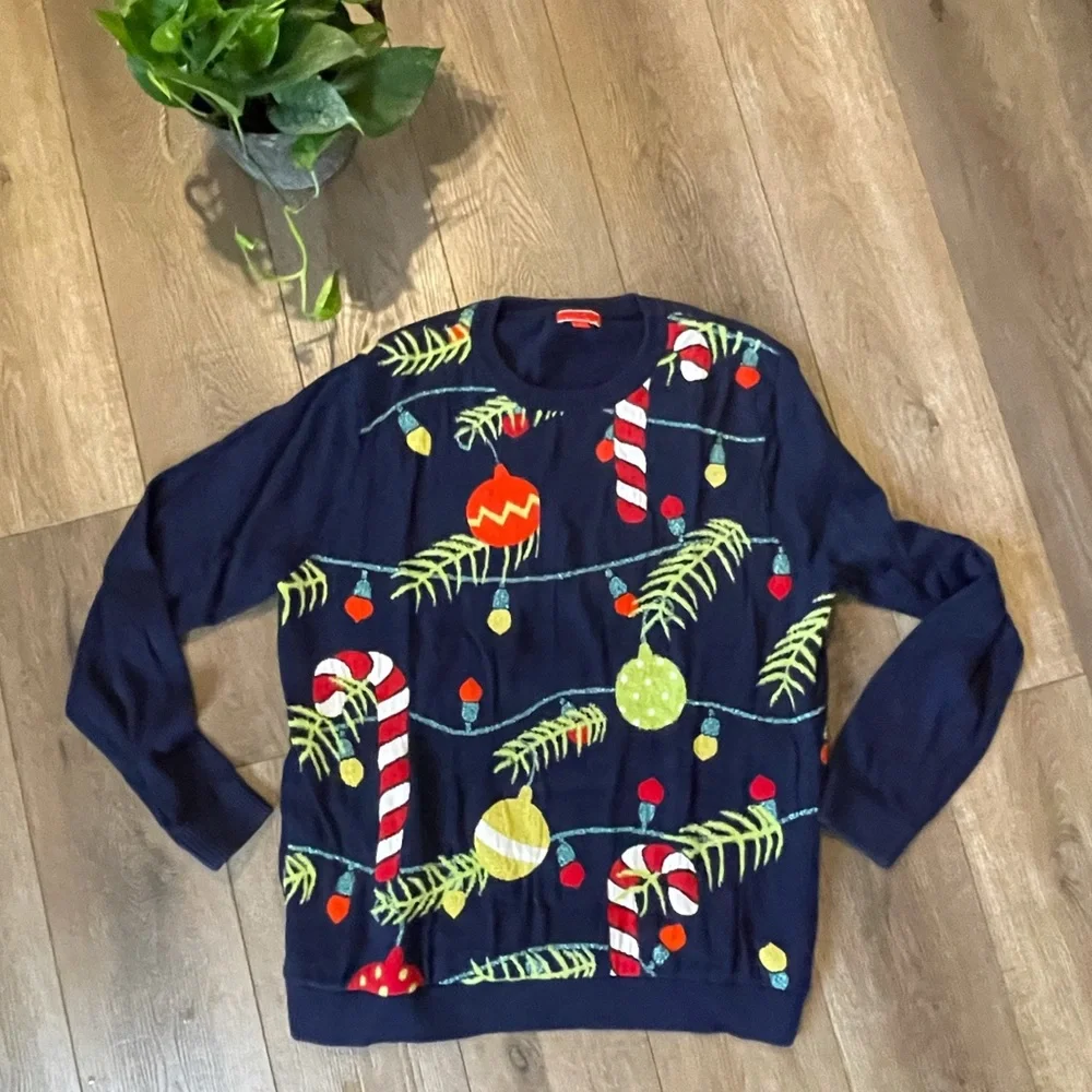 EUC Ugly/Festive Christmas Sweater Ornaments Navy -XL - Picture 1 of 9
